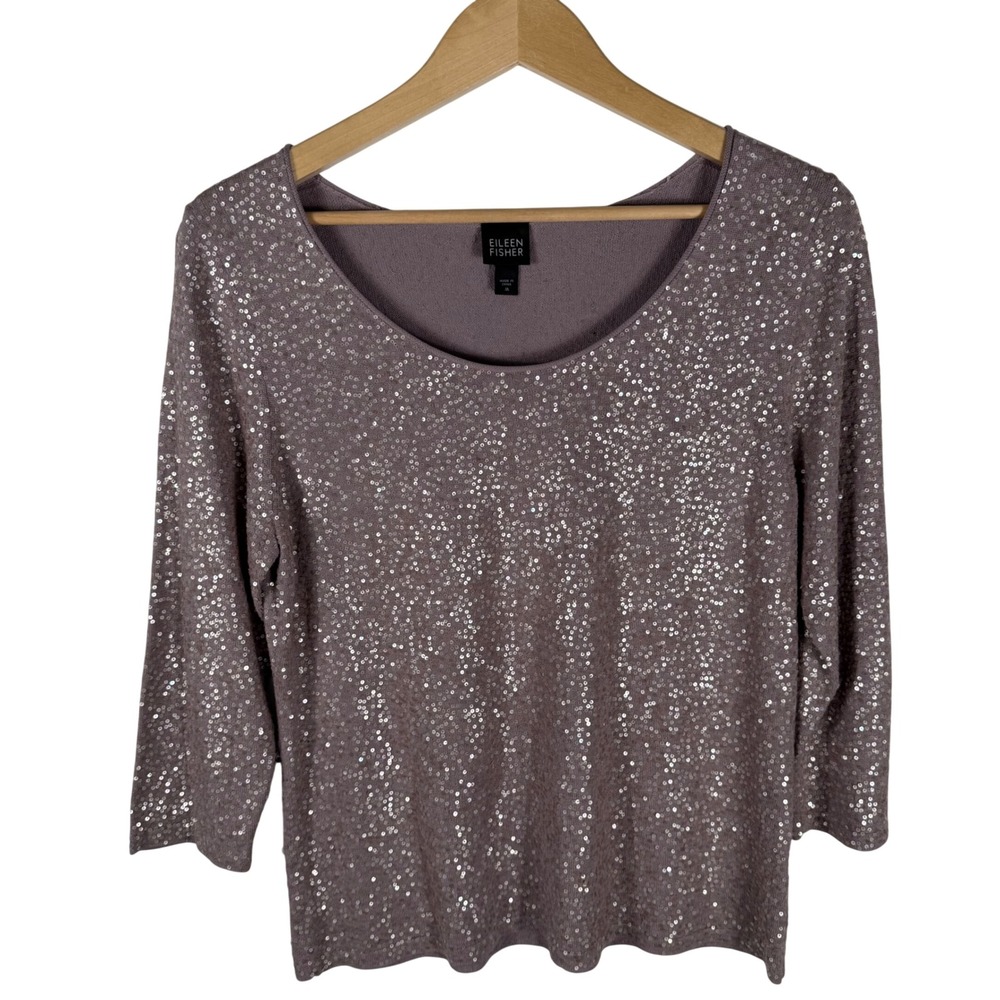 Eileen Fisher Silk Cotton Sequin Scoop Neck Top Womens M Mauve 3/4 Sleeve
